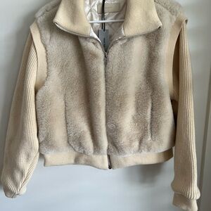 Blank NYC Cream Faux Fur & Knit Zip Jacket
